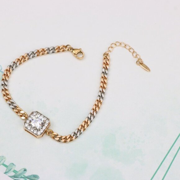 "Two-Tone Chain Bracelet with Sparkling Centerpiece, XPBL0787 - Picture 12 of 13